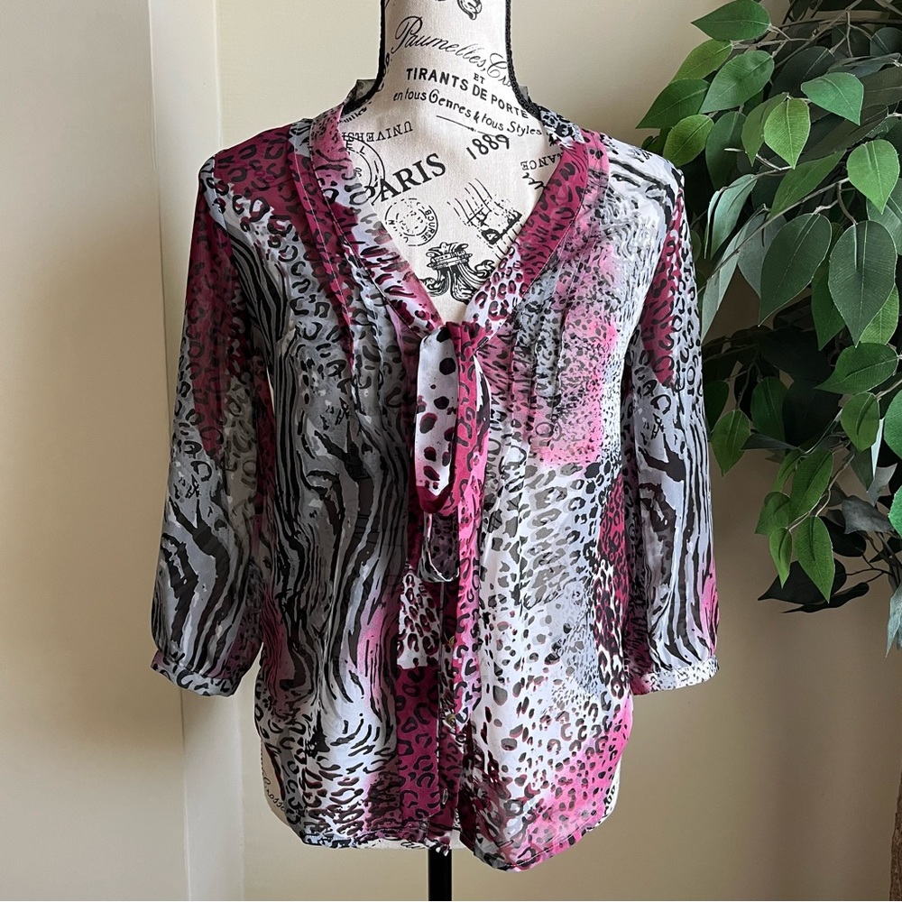Guess Animal Print Tie-Neck Long Sleeve Blouse Purple Sz XS